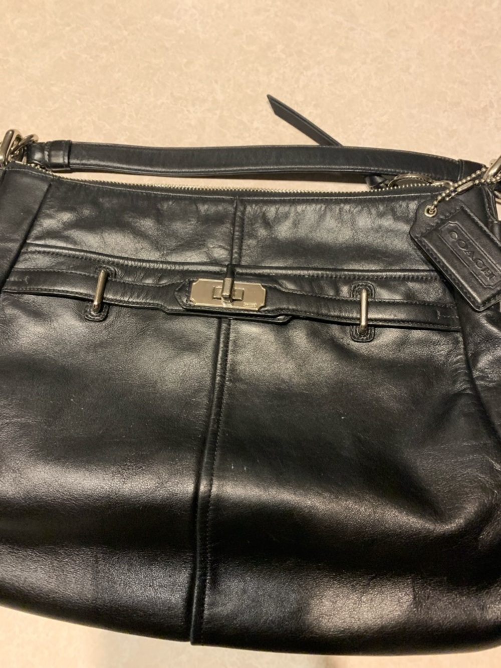 Coach Black Leather Hobo Bag with Turn-Lock Detail